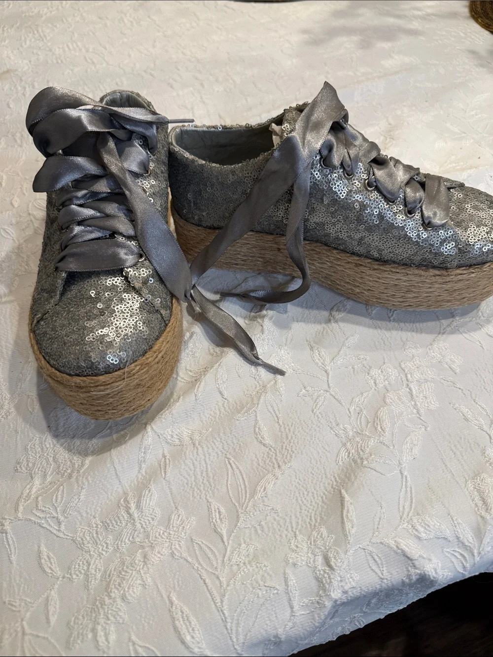 Sequin Gray Platform Espadrille Sneakers with Satin Ribbon Laces